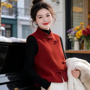 新中式国风红色盘扣设计感双面呢显瘦马甲秋冬立领新年宽松上衣