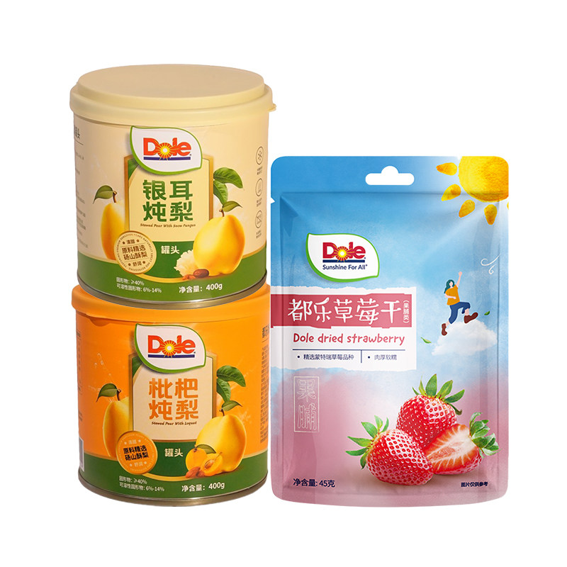 Dole都乐水果罐头冰糖红枣枸杞枇杷炖梨银耳炖梨+草莓干组合零食