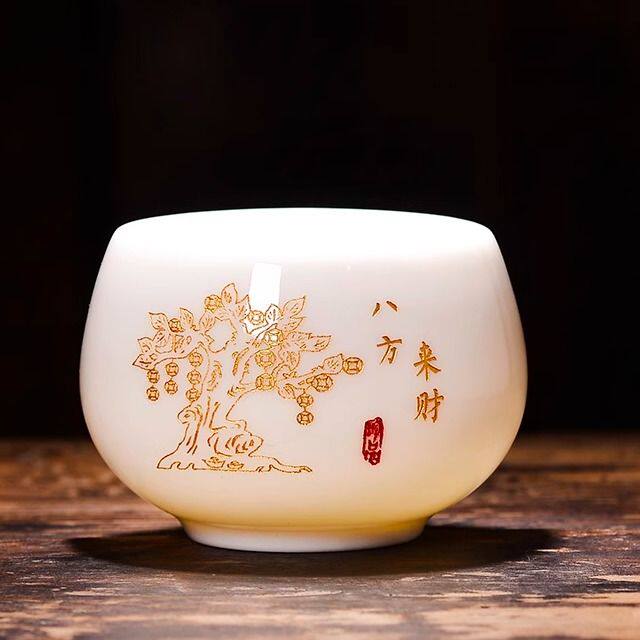 羊脂玉瓷主人杯功夫茶具八方来财陶瓷家用百家姓刻字杯罗汉杯绢花图片