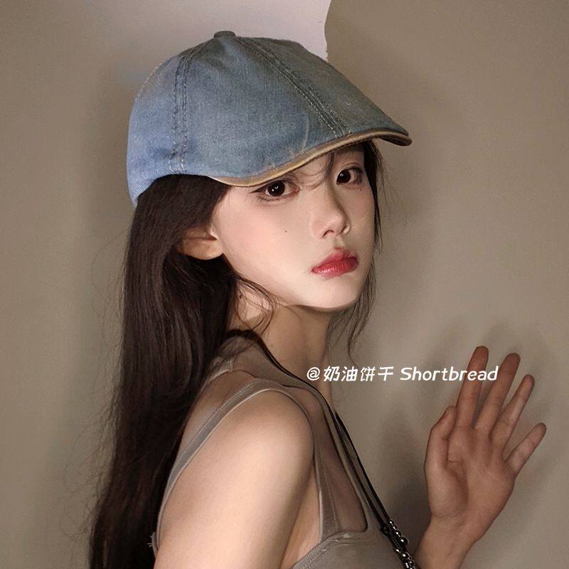 奶油饼干2025新款韩版日系复古贝雷帽女街头休闲前进帽显脸小黑色