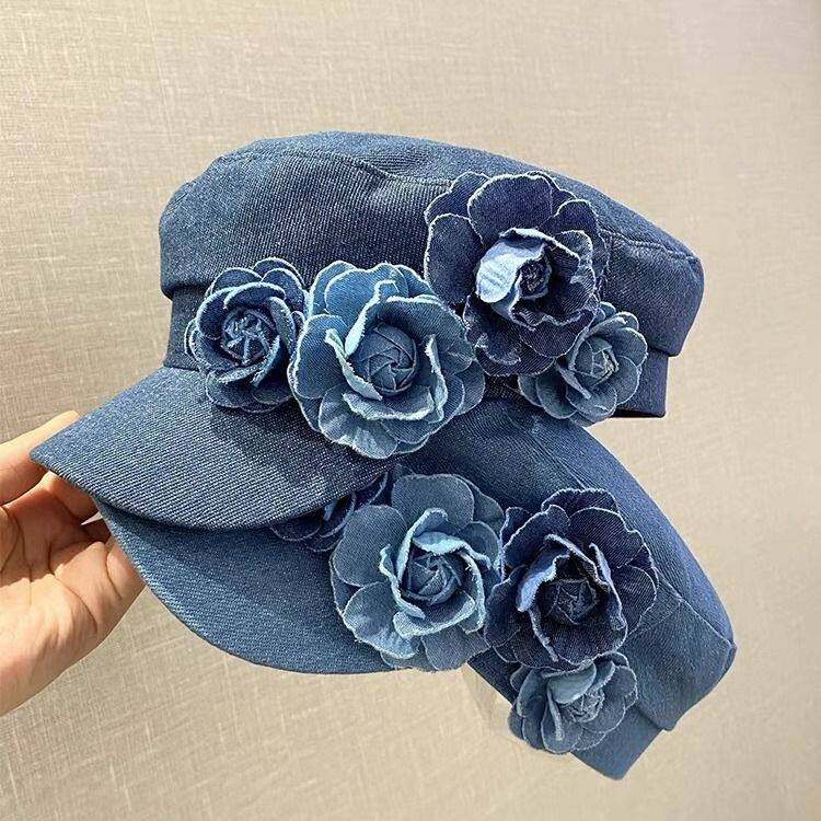 韩版复古立体花朵牛仔贝雷帽女四季显脸小手工贴花百搭时尚八角帽