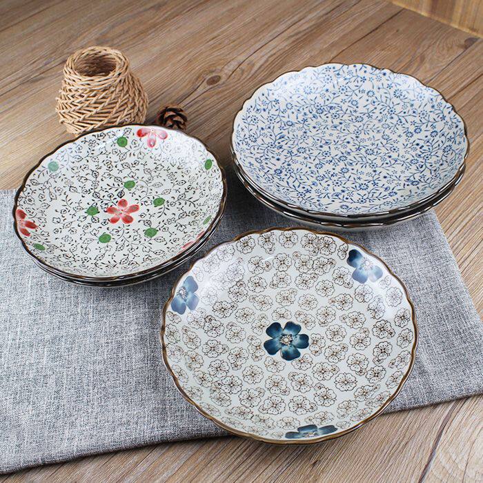 手绘 8寸9寸波浪边陶瓷盘子 菊花盘  圆盘深盘大盘 菜盘 特色餐具