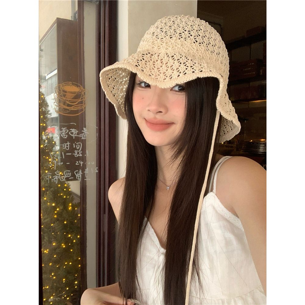 度假拍照b备~韩系镂空可爱系带渔夫帽女夏出游萝莉甜美显脸小盆帽