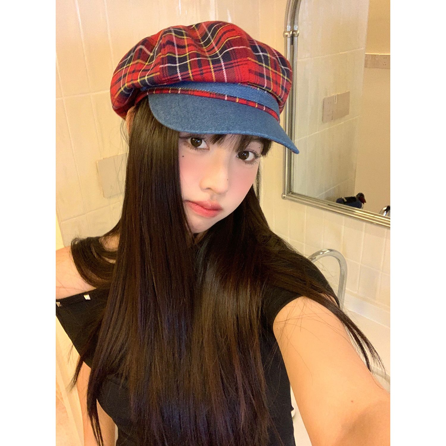璐兮时尚休闲遮阳报童帽格纹八角帽显脸小牛仔拼色贝雷帽女夏