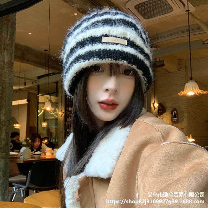 韩版毛线帽女秋冬季新款显脸小条纹针织堆堆帽保暖加厚大头围护耳