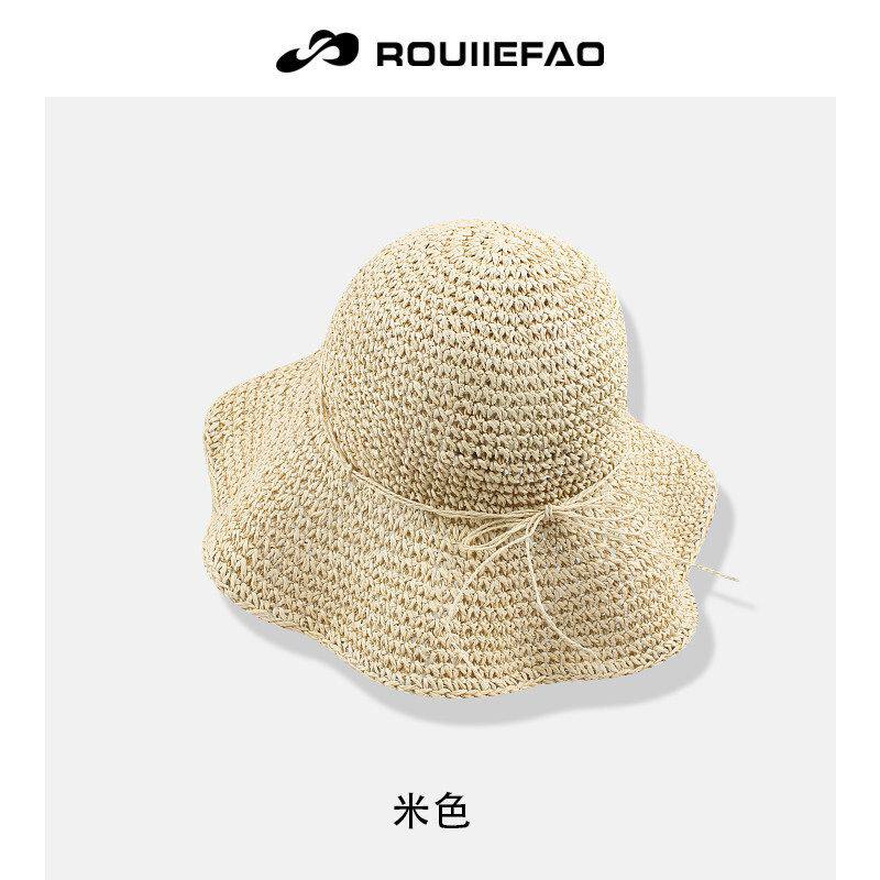 春夏甜美百搭编织草帽女可折叠旅游遮阳防晒渔夫帽大檐显脸小盆帽