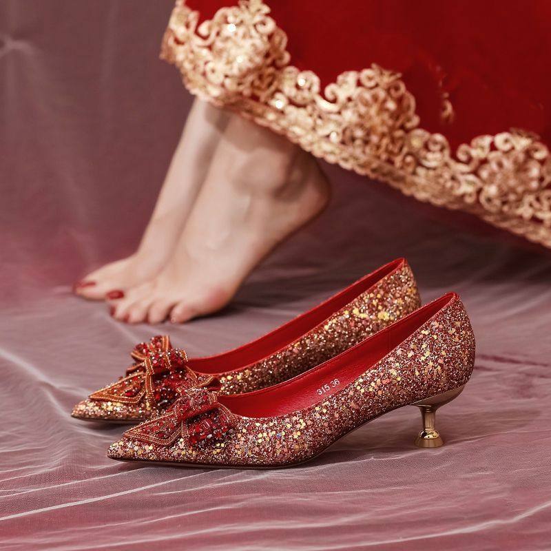 2025年新款水晶红色婚鞋女婚纱秀禾两穿低跟新娘鞋细尖头高跟鞋,女鞋,婚鞋,淘宝优惠券,粉丝福利购,淘宝优惠卷