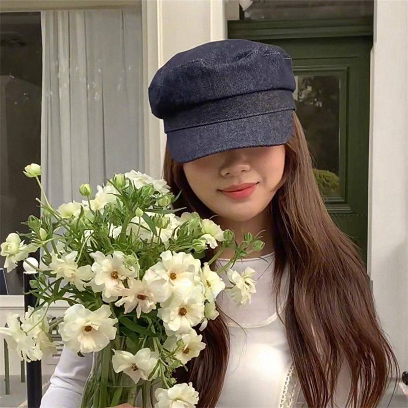 好版型！韩女光板深牛仔平顶八角帽百搭复古好品质显脸小画家帽