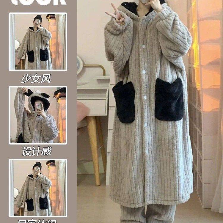 ぃ珊瑚绒睡袍女冬季甜美加厚新款长款睡裙法兰绒睡衣女可外穿家居