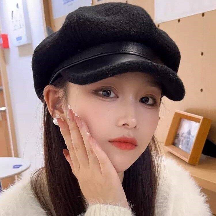 毛呢八角帽女秋冬新款大头围英伦风复古报童帽时尚百搭女士贝雷帽