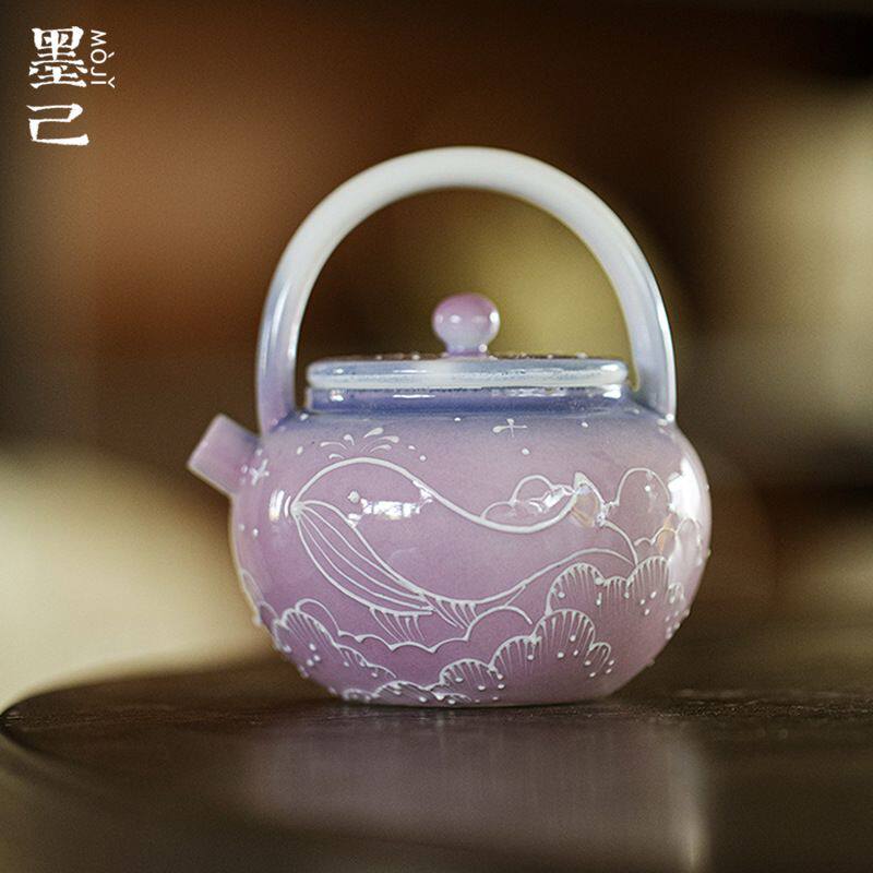 墨己手梦幻紫手绘渐变鲸鱼提梁壶功夫茶具陶瓷家用有田烧泡茶壶