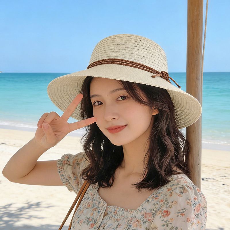 日系草编气质草帽女防晒夏季出游海边沙滩帽文艺简约显脸小太阳帽