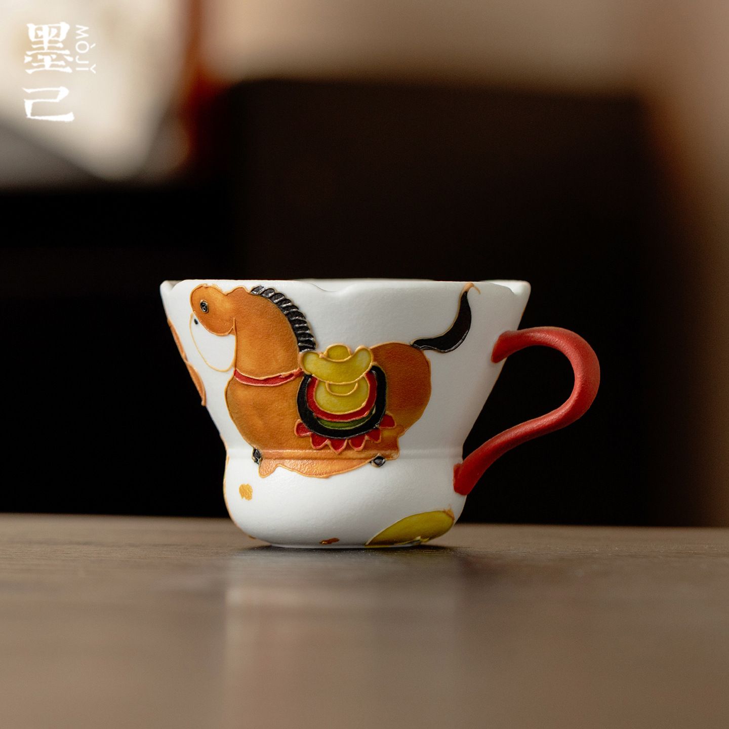 墨己手绘国潮吉祥物马上发财陶瓷茶杯功夫茶具品茗杯杯子个人单杯