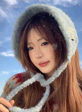 蓝色毛绒系带耳罩女生冬季加厚保暖防寒韩系氛围感护耳防冻耳捂子