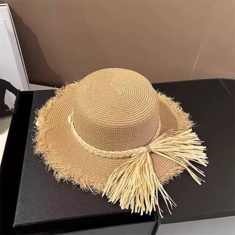 度假草帽法式毛边蝴蝶结贝壳沙滩平顶帽夏季甜美拼接彩色草编礼帽