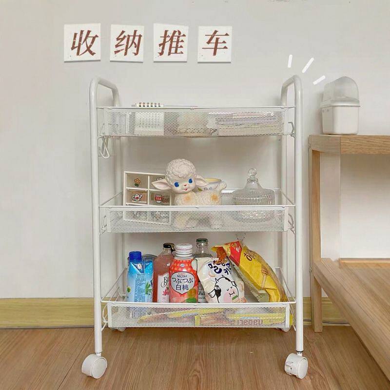 家用厨房置物架落地多层金属网篮客厅卧室收纳架带轮小推车可移动