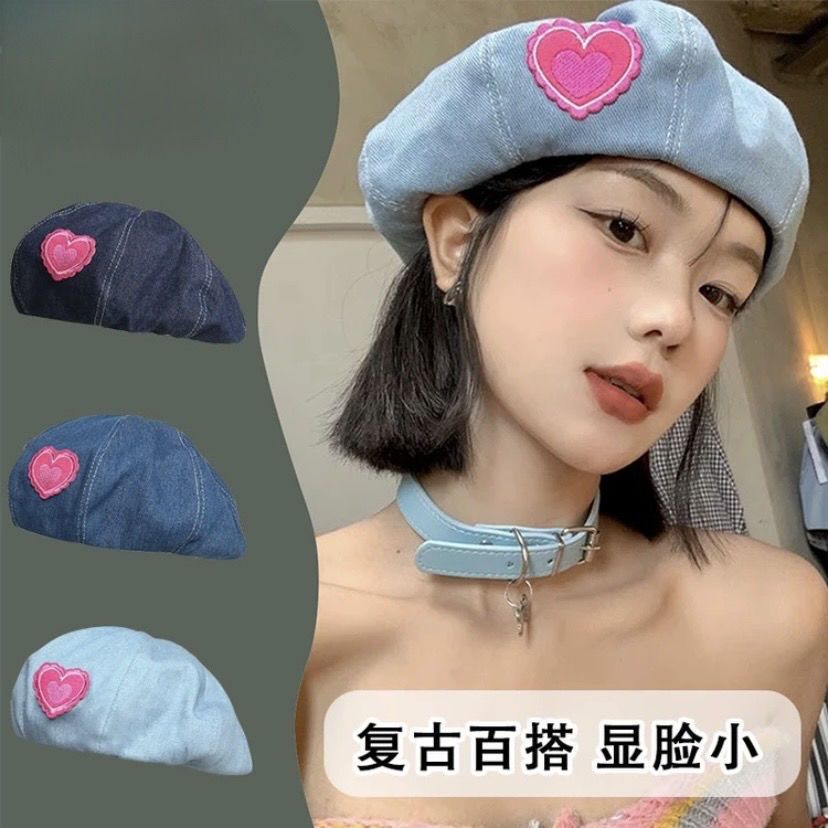 贝雷帽女爱心牛仔贝雷帽女韩版显脸小众日系大头围蓓蕾画家帽春夏