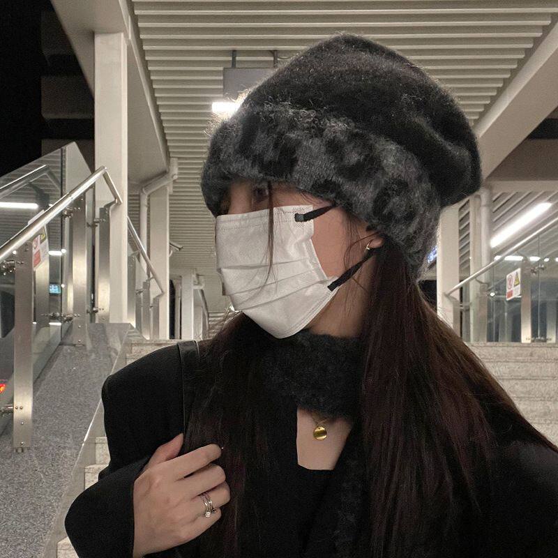 TUshu/拉毛复古豹纹边～秋冬大版显脸小针织帽堆堆帽保暖护耳冷帽