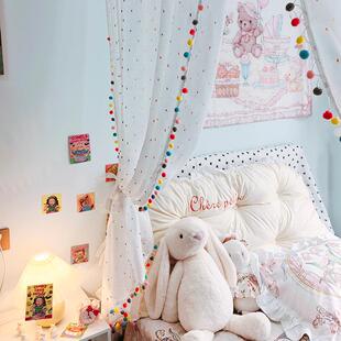 卧室床对门隔断窗彩球花边布帘遮挡帘柜子自粘门帘子屏风免打孔