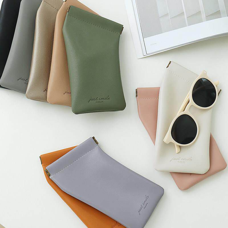 便携简约皮质眼镜保护袋纯色弹簧片自动闭合墨镜防尘防水收纳袋子