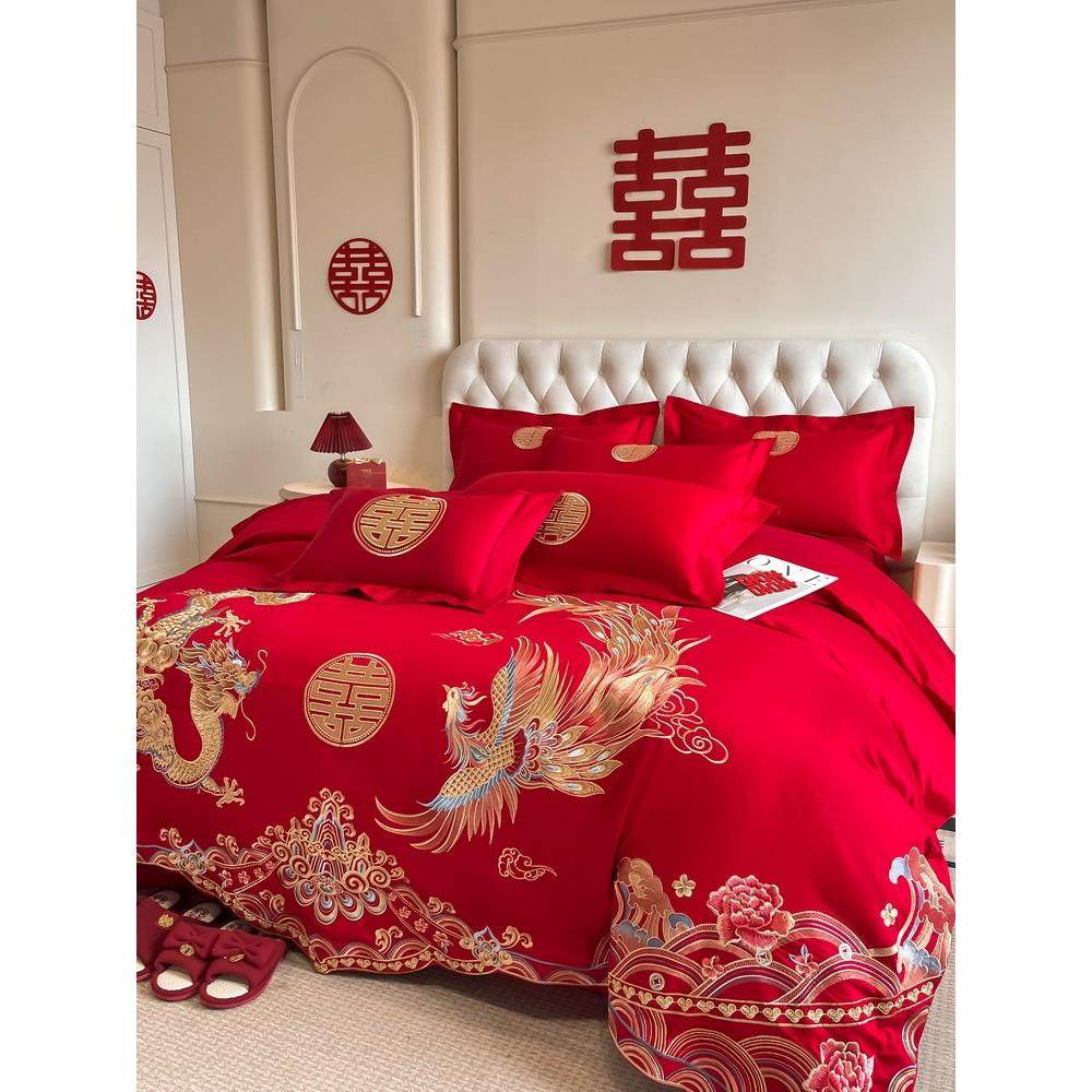 中式结婚四件套红色床单全棉龙凤刺绣被套婚庆床上用品陪嫁床笠款,床上用品,婚庆床品套件,淘宝优惠券,粉丝福利购,淘宝优惠卷