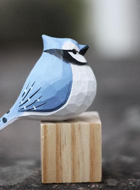 鹿妖商店 肥啾 木雕小鸟 冠蓝鸦 生日礼物 纯手工 实木桌面摆件