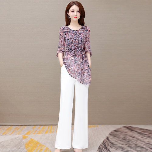 夏季新款时尚印花雪纺衫洋气套装