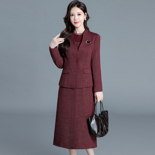 气质长袖外套连衣裙套装女2026春季新款妈妈装遮肚显瘦两件套裙潮