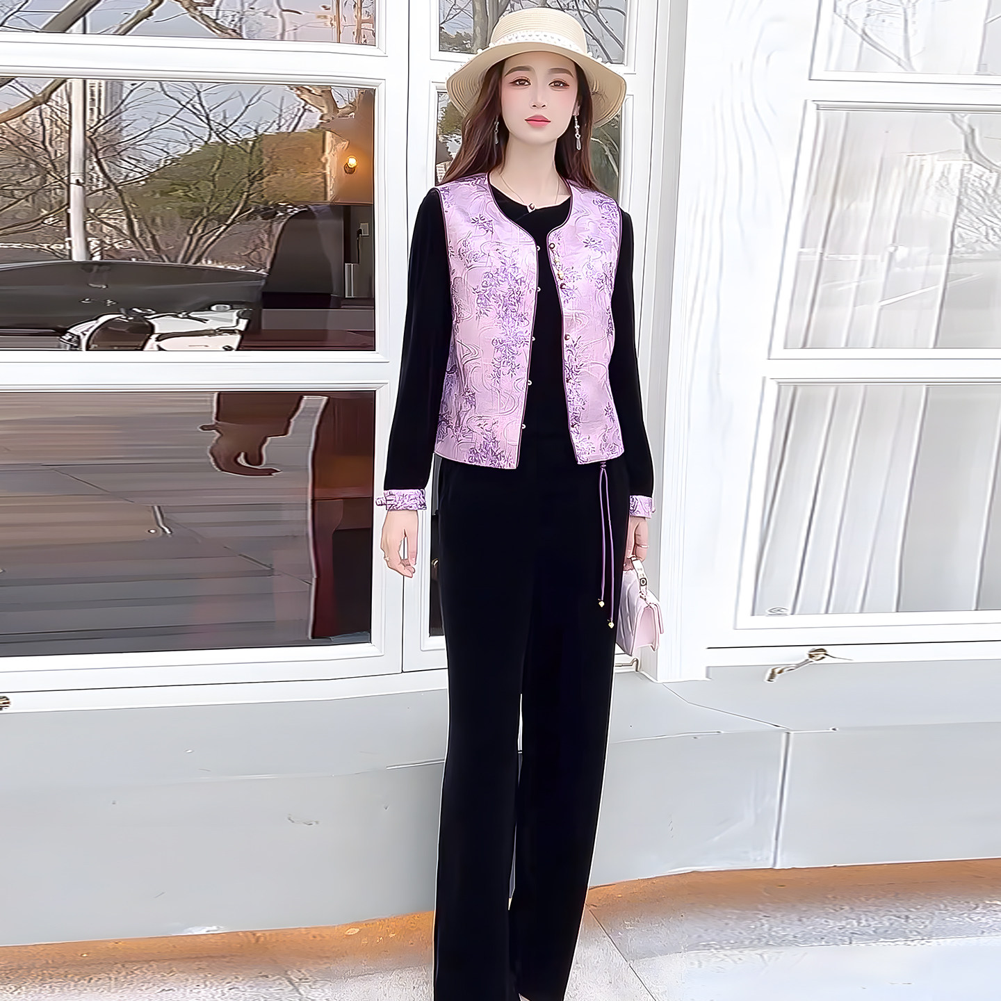 2026年春款新中式国风马甲套装女洋气拼接打底衫百搭阔腿裤三件套