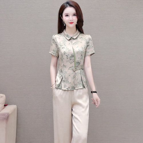 夏季妈妈夏装时尚套装中式女短袖上衣新款中年国风洋气T恤两件套