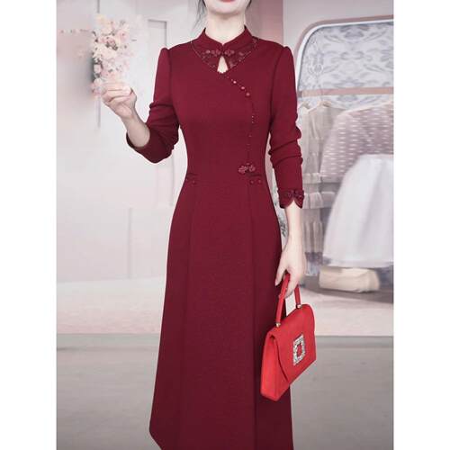 新中式国风改良旗袍连衣裙十月一轻奢高级感喜婆婆婚宴装妈妈礼服