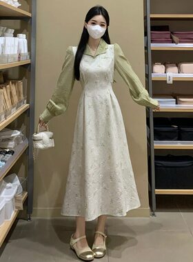 浅绿色碎花洋装女2026春夏新款大尺码胖mm收腰法式气质假两件长裙