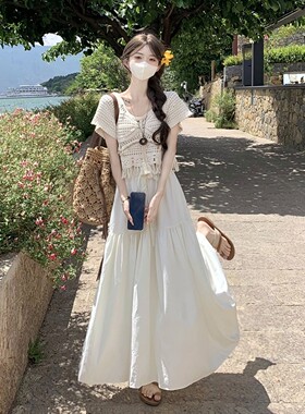 甜美温柔风两件式套装女2026夏季新款镂空短袖上衣大摆型长裙半身