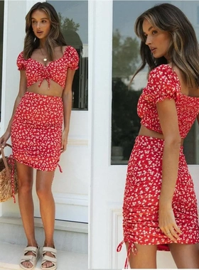 Spring/Summer Lace-Up Top Two-Piece Pleated Lace-Up Skirt Se