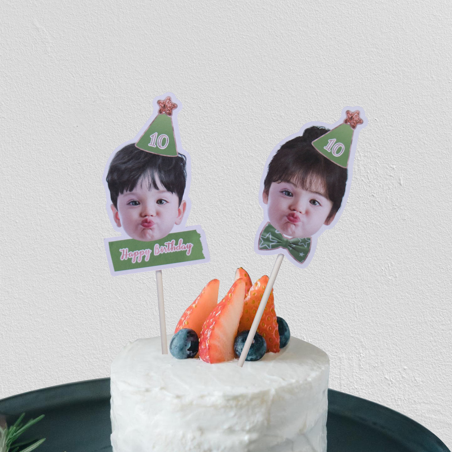 生日头像插牌 牛油果绿生日帽领结 周岁蛋糕装饰插件定制名字卡片