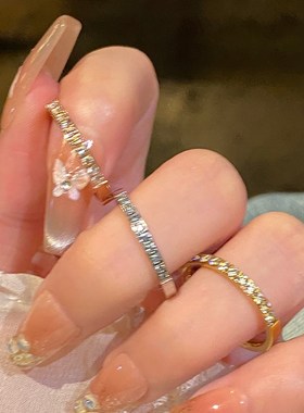 极细素圈戒指女小众o设计钛钢戒指情侣对戒满钻指环满天星半圈钻
