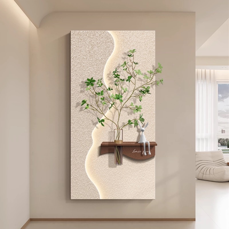 水培绿植入户玄关立体砂岩装饰画走廊过道尽头挂画客厅壁画奶油风
