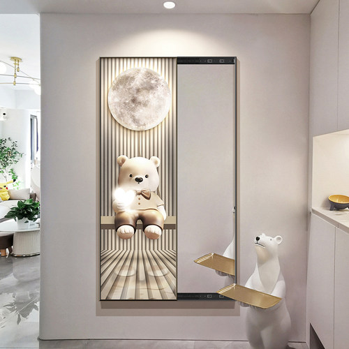 奶油风推拉全身镜子玄关隐形试衣镜装饰挂画小熊卧室隐藏式穿衣镜
