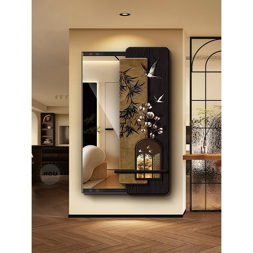 中古风隐形穿衣镜卧室暗藏式全身镜玄关推拉镜子装饰画隐形落地镜