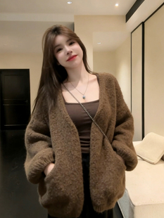 外套 针织开衫 韩系慵懒风黄色软糯毛衣外套女2025秋冬季 宽松灯笼袖