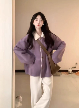 紫色冬季外套女2025新款宽松百搭麂皮一体翻领加绒加厚保暖羊羔毛