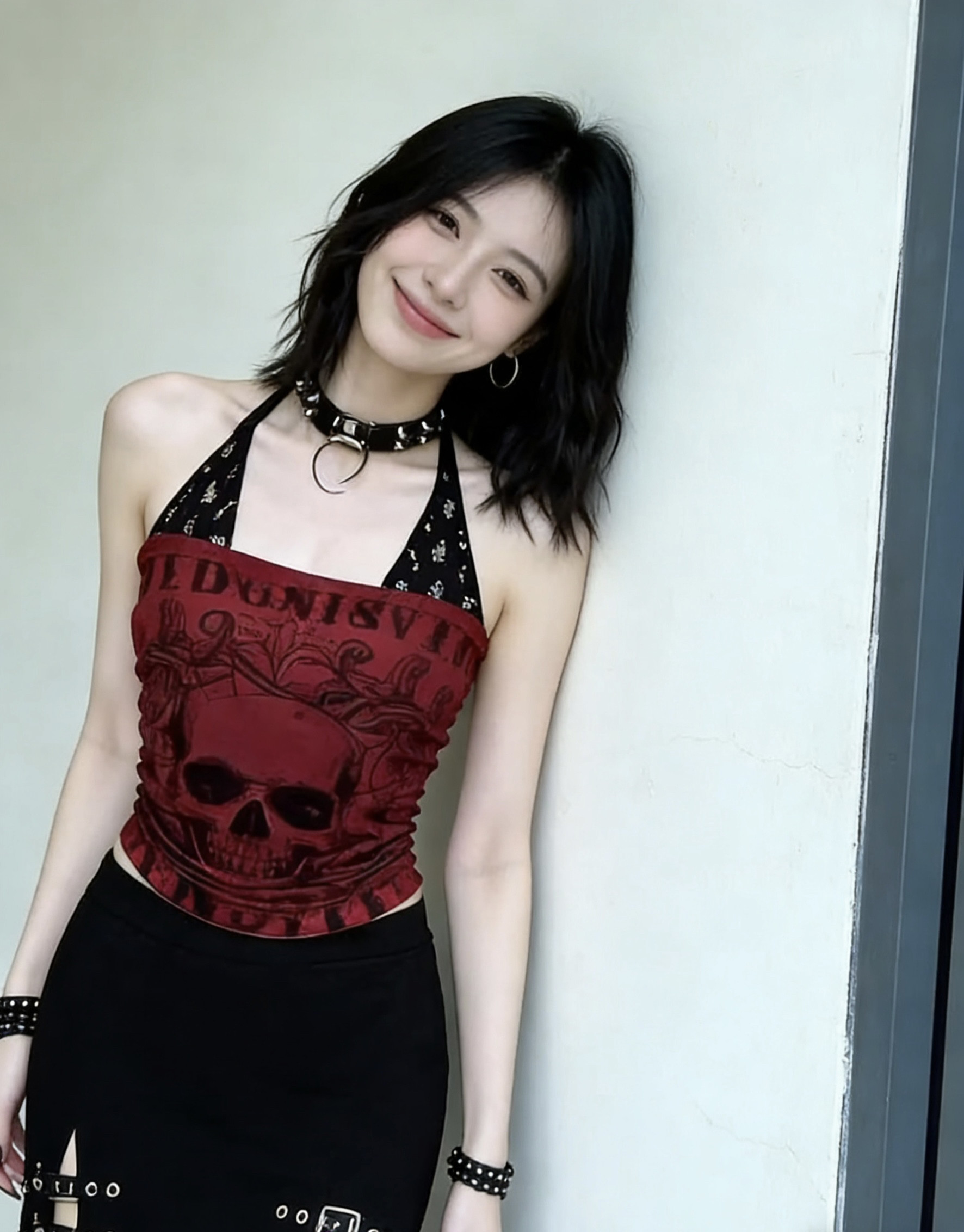 美式复古辣妹红色印花挂脖背心女夏季高街拼接蕾丝修身短款上衣