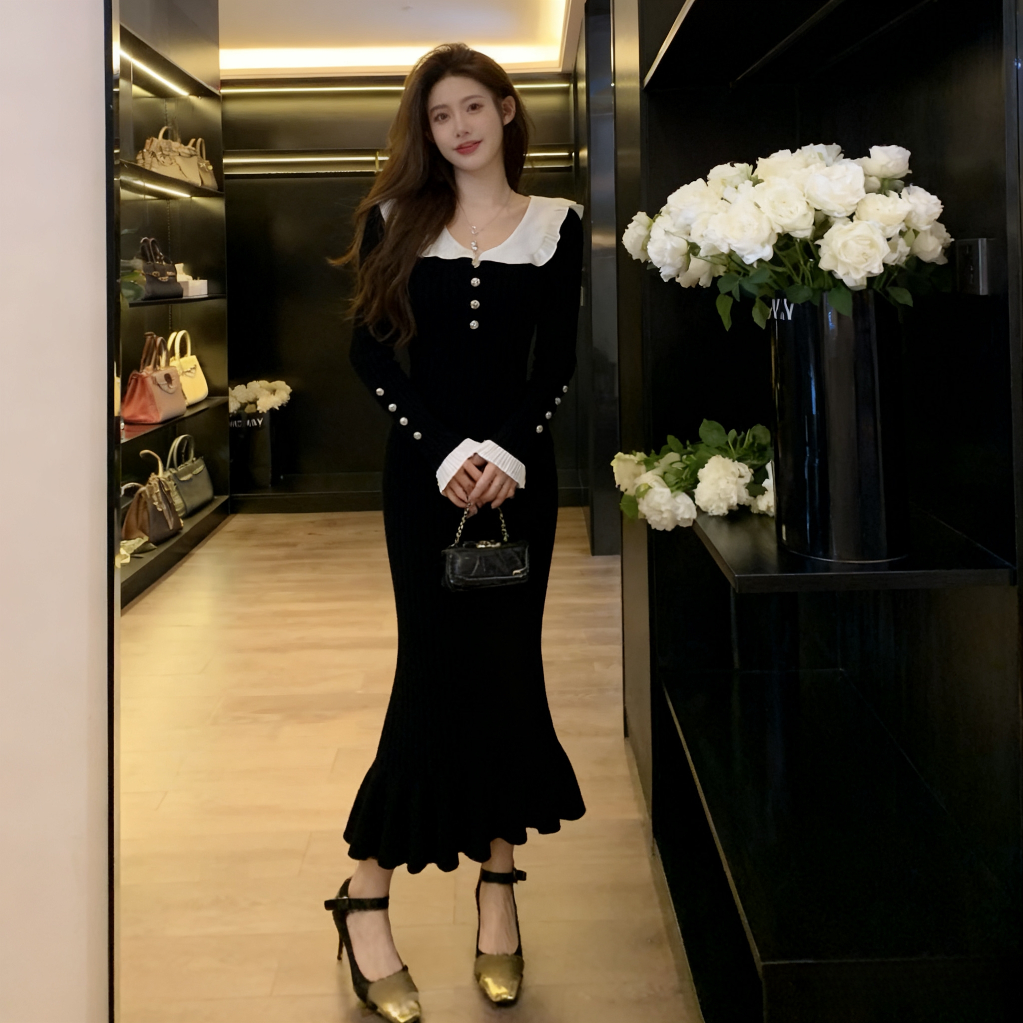 法式复古气质连衣裙女2025秋冬新款高级感气质收腰显瘦长袖裙子