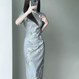 针织提花旗袍民国风复古素雅印花国朝风气质优雅短袖改良年轻款