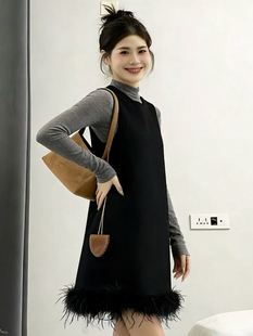 2025新款 复古收腰显瘦气质背心连衣裙女约会派对高级感毛毛拼接裙