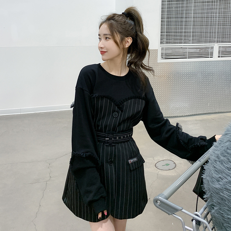 实拍假两件条纹西装裙女小个子2025秋新款收腰高级感赫本风连衣裙