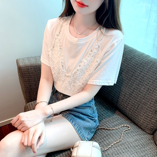 小衫 2026夏季 甜美上衣洋气韩版 圆领套头T恤假两件短袖 新款