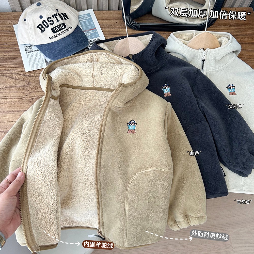 儿童秋冬加厚羊驼绒保暖外套中大男孩子洋气连帽卫衣宝宝韩系卡通