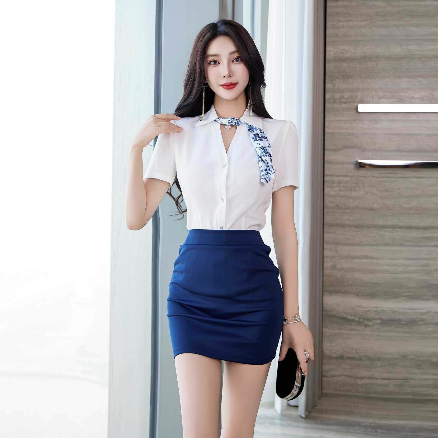 空姐制服气质通勤衬衫套装性感修身包臀显瘦美容师足疗足浴技师服