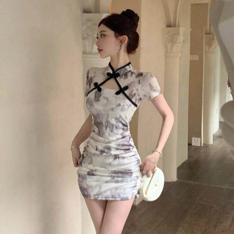 夏修身短款旗袍女新中式国风连衣裙直播衣服性感包臀网纱气质裙子